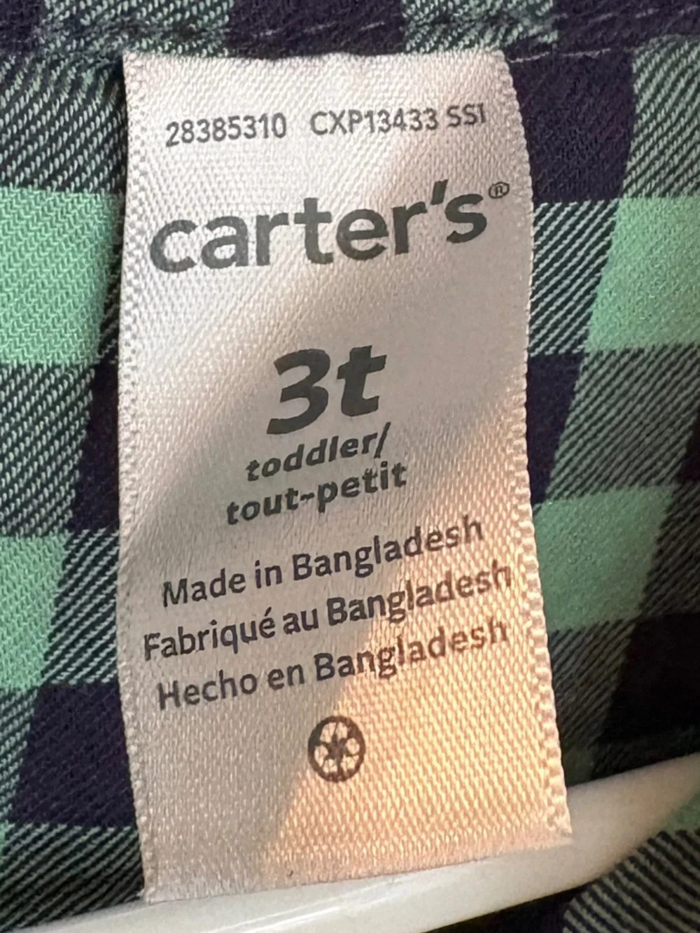 Carter's Toddler Flannel Shirt 3T Green Plaid Buffalo Check Button Down